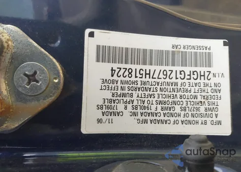 2007 Honda Civic Lx z USA, uszkodzony, nr VIN 2HGFG12677H518224